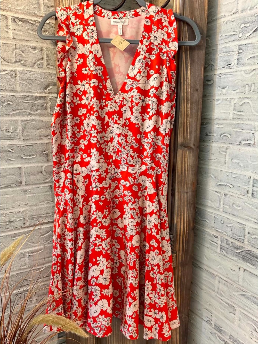 Rebecca Taylor Red and White Floral V-Neck Mini Dress